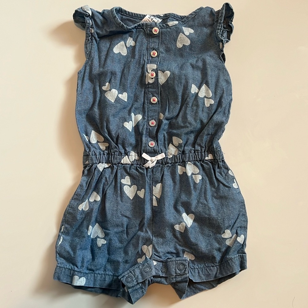 Carter’s 24M denim romper with white hearts and ruffle sleeve